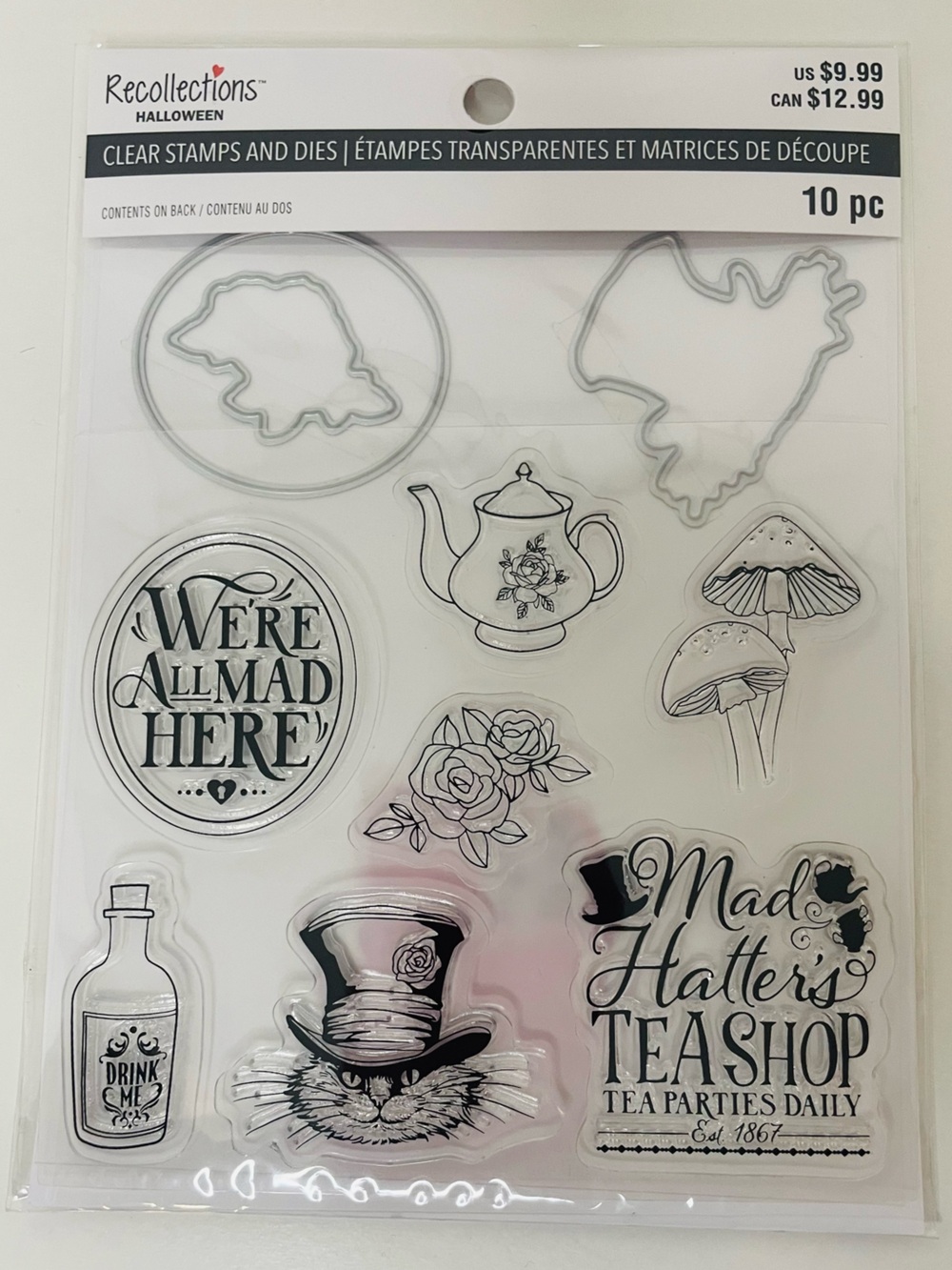 Clear Acrylic Tea Party Stamp Set with 7 stamps and 3 dies, Alice in Wonderland